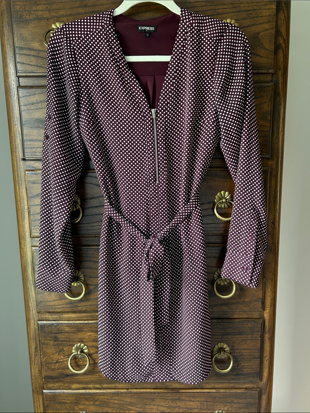 Express Burgundy and White Polka Dot Zip-Front Dress